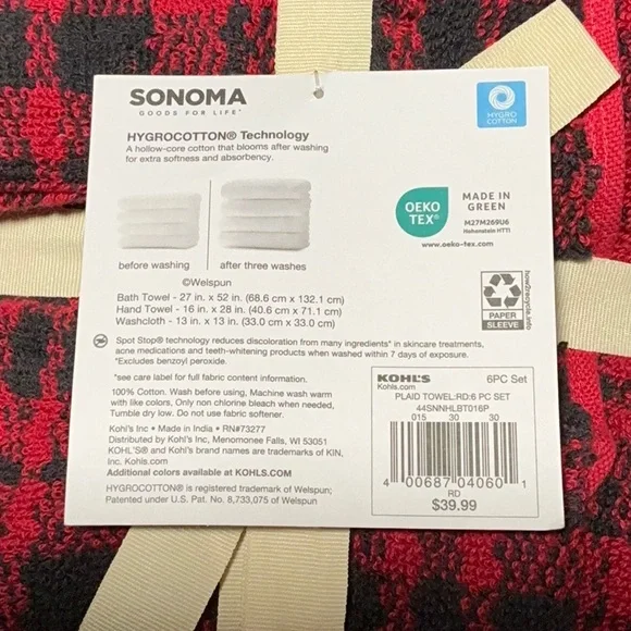 Sonoma Red and Black Checkered Towel 6 PC Set NWT - Picture 3 of 4